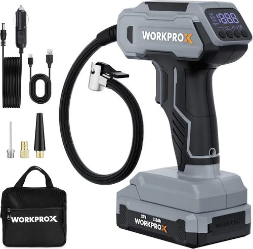 WORKPROX Compresor de aire portátil para inflador de neumáticos, bomba de neumáticos inalámbrica de 150 PSI con medidor de presión digital, inflado