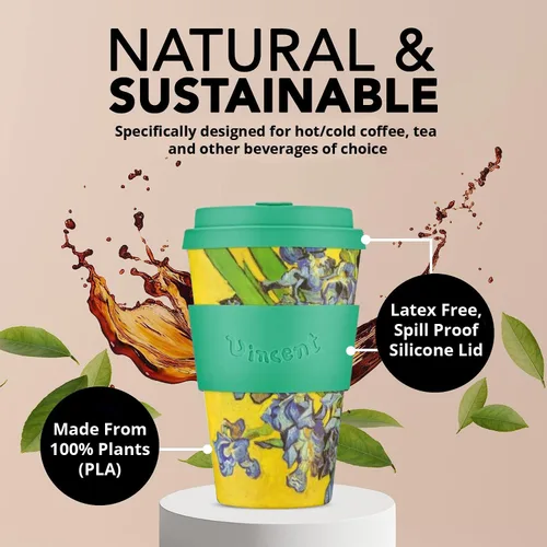 Miniatura 4 de Ecoffee Cup Taza de café reutilizable Van Gogh de 14 oz (13.5 fl oz) – Taza de viaje a base de plantas PLA con tapa de silicona, sin melamina y apta