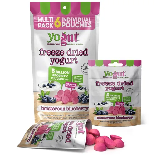 YoGut Bocadillo de yogur liofilizado, arándano, paquete de 6, aperitivos saludables para niños, niños pequeños y adultos, sin gluten, sin OMG, con 5