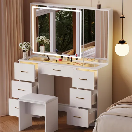 Escritorio de tocador con espejo iluminado grande, tocador de maquillaje con parte superior de cristal, 7 cajones y brillo ajustable, mesa de