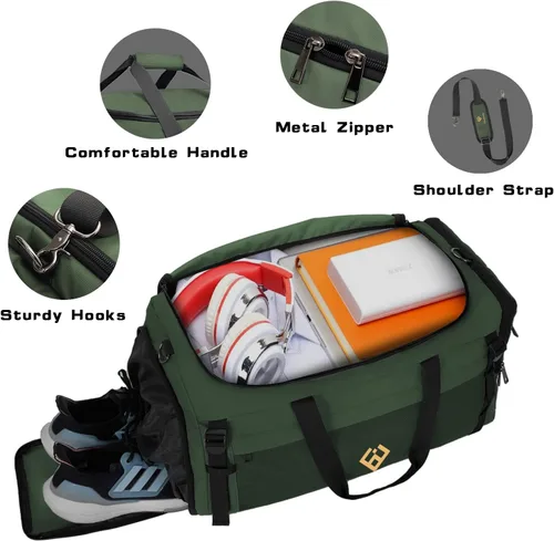 Miniatura 3 de Eackrola Bolsas de gimnasio para hombre con compartimento para zapatos, bolsa de lona deportiva con bolsillo húmedo para mujer, 65 L, forro polar