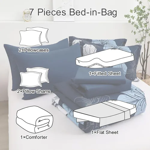Miniatura 7 de Luxudecor Juego de edredón azul marino, tamaño Queen, 7 piezas de cama en una bolsa, juego de edredón floral azul marino y juego de sábanas, juego