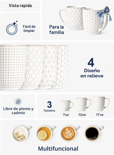 Miniatura 5 de LE TAUCI Tazas de café de 16 oz, juego de tazas de cerámica, tazas con relieve para café con leche, té caliente, capuchino, moca, cacao, aptas