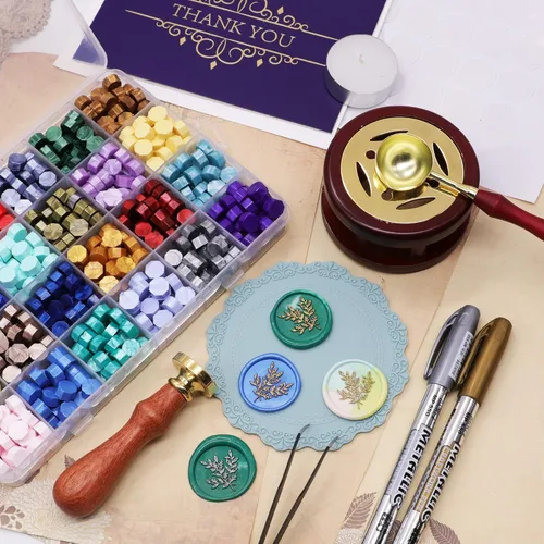 Miniatura 7 de SWANGSA Kit de sellado de cera con caja de regalo, 24 colores, 700 cuentas de cera de sellado con sello de eucalipto, horno, bolígrafo, tarjetas