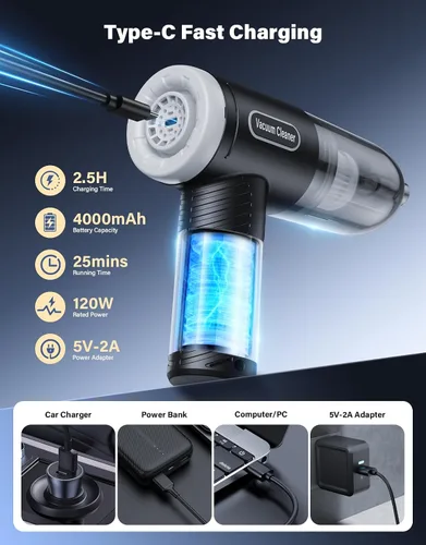 Miniatura 3 de Aspiradora portátil inalámbrica para automóvil, 9000 Pa, mini aspiradora de mano de alta potencia con la mejor succión, soplador de aire 4 en 1
