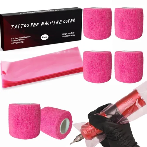 Miniatura 9 de 200 cubiertas para máquina y 4 cintas de agarre, cubiertas para bolígrafos de tatuaje Urknall para cubrir agarre, fundas de barrera, suministros