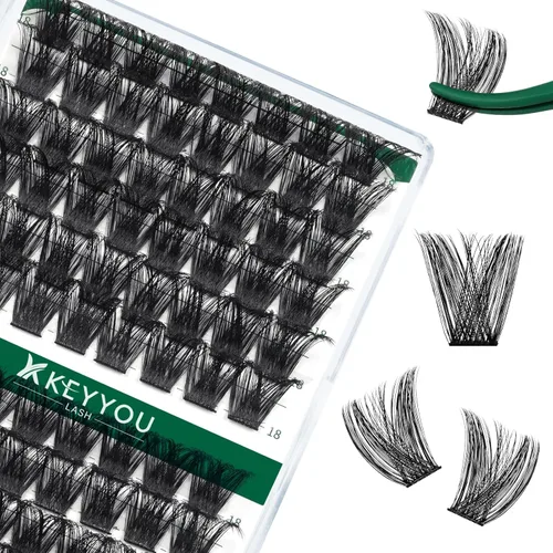 Miniatura 112 de KEYYOU Racimos de pestañas, 96 piezas de extensiones de pestañas DIY, rizado D de 16 mm, negro, realista, no irritante, fácil de colocar en casa