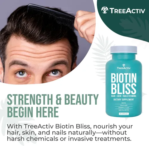 Miniatura 7 de Biotin Bliss Skin Hair Nails Vitaminas + Saw Palmetto Suplemento Volumizador y Espesante Fórmula para Hombres Mujeres Folato MSM B Complejo