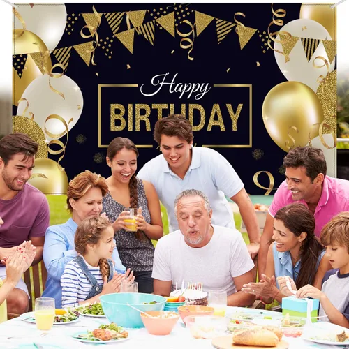 Miniatura 4 de Blulu Cartel de feliz cumpleaños negro y dorado grande para fotos, telón de fondo de tela con purpurina para suministros de decoración de fiesta