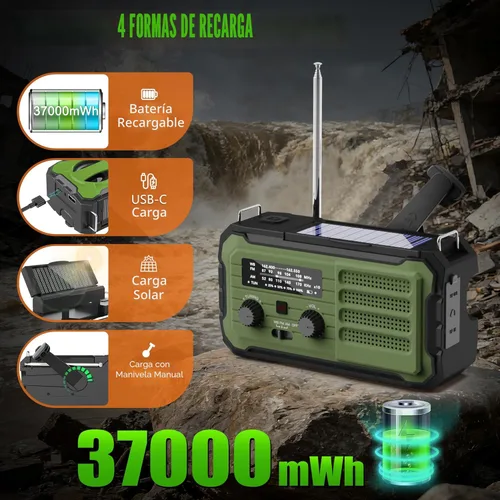 Miniatura 5 de Radio de emergencia con manivela solar, 10000 mAh/37000 mWh, radio meteorológica de emergencia, radios solares de manivela con NOAA/AM/FM, linterna