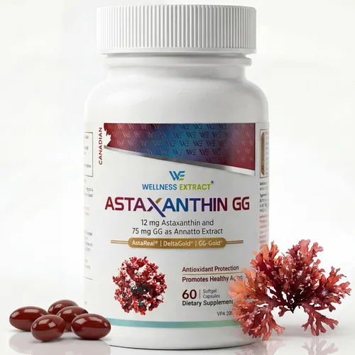 Suplemento de astaxantina de 12 mg – AstaREAL™ Procedente de microalgas con geranilgeraniol GG-Gold® y Tocotrienoles DeltaGold®, sin OMG, sin