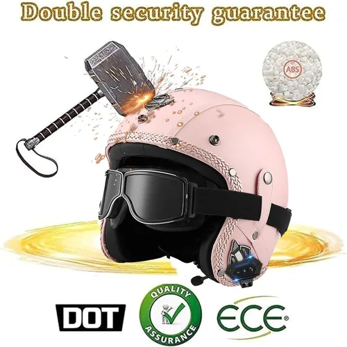 Miniatura 2 de Casco retro de motocicleta con Bluetooth, casco de cuero Jet con gafas personalizadas, medio casco de motocicleta 3/4 aprobado por DOT, casco