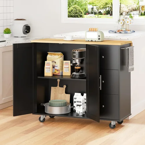 Miniatura 7 de Shintenchi Isla de cocina con hoja plegable, mesa de isla enrollable con almacenamiento, armario de cocina con ruedas con área de asiento