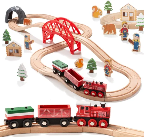 Miniatura 9 de Juego de tren de madera de 94 piezas, pista de tren de aventura moderna para niños con puente, túnel, grúa, edificios de la ciudad, compatible