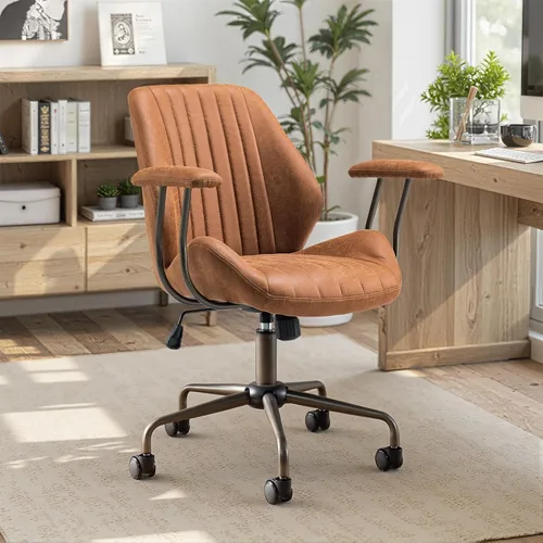Miniatura 17 de Silla de oficina con 360 ruedas, silla de oficina de mediados de siglo con soporte para el respaldo, silla de escritorio de piel sintética, ángulo