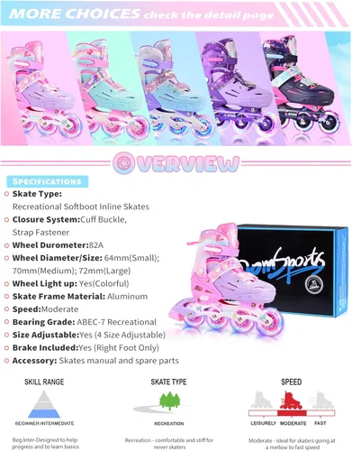 Miniatura 8 de 2PM SPORTS Patines en línea para niños y niñas de edades 5-8, 8-12, 3-5, 4-8, 6-12 con ruedas que se iluminan, patines de ruedas ajustables