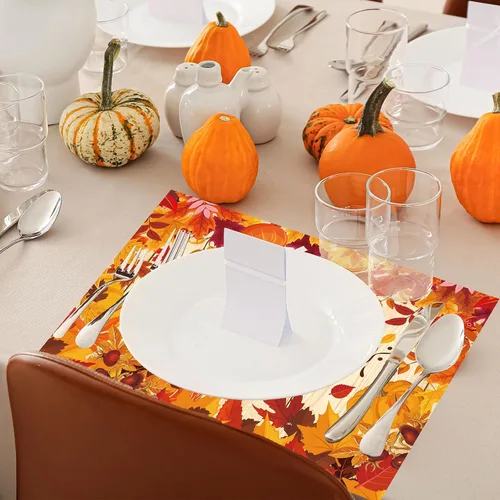 Miniatura 6 de Whaline 100 manteles individuales de papel de Acción de Gracias, hojas de calabaza, desechables, manteles individuales decorativos de otoño, 14 x