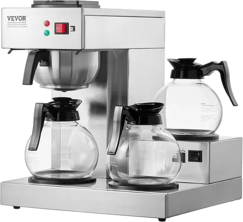 Miniatura 9 de VEVOR Cafetera de Goteo Comercial de 12 Tazas, Máquina Cafetera con 3 Jarras de Vidrio y 3 Platos Calentadores, Cafetera de Acero Inoxidable
