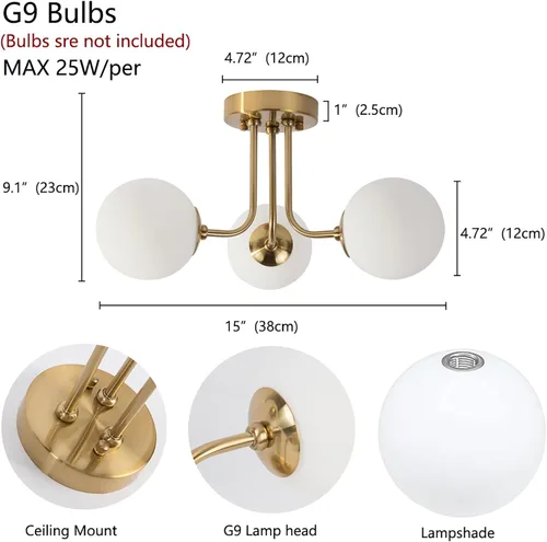 Miniatura 2 de Lámpara de techo moderna semiempotrada de 3 luces, pantalla de vidrio blanco globo, lámpara de techo semiempotrada, candelabros Sputnik
