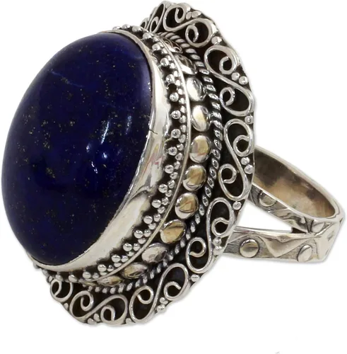 NOVICA Anillo de cóctel hecho a mano de plata de ley 925 lapislázuli con piedra natal azul de la India 'Swirling Sky'