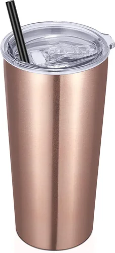 VEGOND Vaso de 20oz a granel con tapa y pajita, vaso aislado al vacío de acero inoxidable de doble pared para café, viaje, paquete de 1 unidad, oro