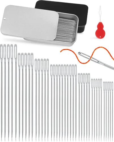 Miniatura 7 de FIVEIZERO 80/40 PCS agujas de coser de acero inoxidable premium, 7 tamaños de agujas afiladas de costura de ojo grande, aguja de cuero aguja de hilo