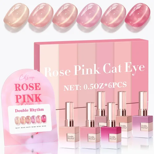 Miniatura 26 de Double Rhythm - Juego de esmalte de uñas de gel ojo de gato de 6 unidades, mismo color, misma botella, 14.8 ml, brillo con glitter, con imán