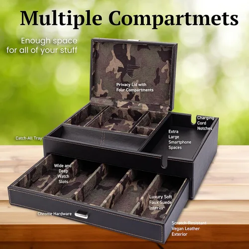Miniatura 3 de HOUNDSBAY Admiral Dresser Valet Box y organizador de joyero para hombre, organizador de caja de reloj para hombres con estación de carga grande