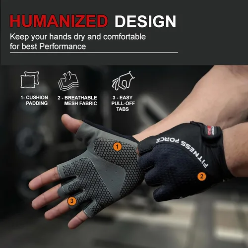 Miniatura 5 de FITNESS FORCE Guantes de entrenamiento transpirables para hombres y mujeres, guantes acolchados para levantamiento de pesas con protección completa