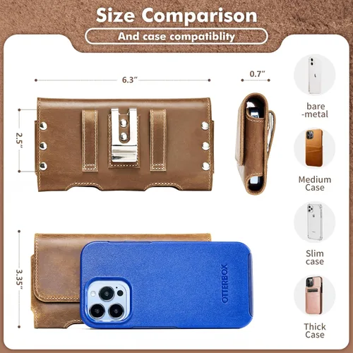 Miniatura 4 de Gcepls Funda de cuero para teléfono para iPhone 14, 15, 15 Pro, 16, 16 Pro, Galaxy S23, S24, marrón, funda para cinturón de cuero de vaca con clip