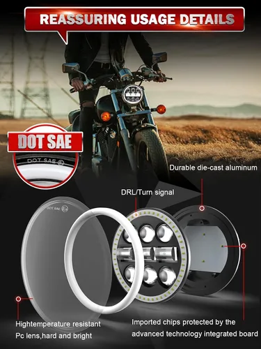 Miniatura 3 de CO LIGHT 5-3/4 5.75 pulgadas LED Halo motocicleta faro Hi/Lo Beam blanco/ámbar DRL proyector LED sellado haz faro 1 unid