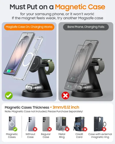 Miniatura 5 de Cargador inalámbrico magnético para Samsung, estación de carga 3 en 1 compatible con cargador MagSafe Samsung para Galaxy S25 Ultra S24 Z