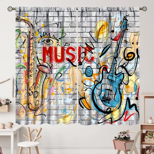 Miniatura 48 de Cortinas de notas musicales, rústicas, mágicas, notas musicales, arte retro, piano y violín, cortina con bolsillo para barra para dormitorio, sala