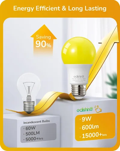 Miniatura 6 de EDISHINE Bombillas amarillas A19, 9 W (equivalente a 60 W), 600 lm 2400 K ámbar Glow bombillas para exteriores, no regulables, base media E26