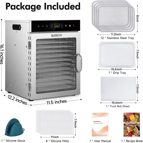 Miniatura 2 de Máquina deshidratadora de alimentos, 12 bandejas de acero inoxidable, deshidratador de carne de 1000 W para uso doméstico, temporizador de 24 horas