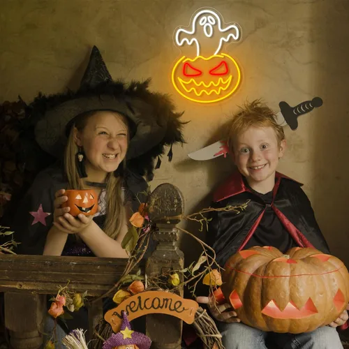 Miniatura 8 de Letrero de neón de calabaza fantasma de Halloween, cara de fantasma, luz de neón espeluznante de calabaza de neón, letreros LED regulables