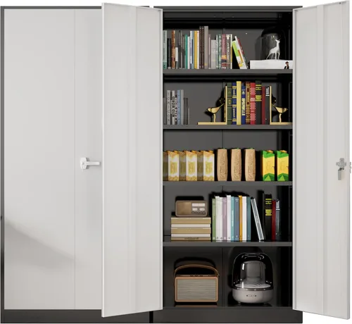 Miniatura 10 de Greenvelly Armario de almacenamiento de metal para garaje con puertas y estantes ajustables, gabinete de archivo de acero negro con cerradura de 72