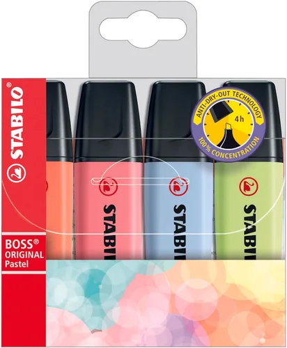 STABILO Marcador BOSS ORIGINAL Pastel - Juego de 4 - Rojo coral suave, rosa cerezo, azul nublado, toque de lima