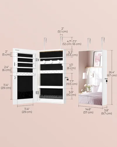 Miniatura 6 de SONGMICS Armario de joyería con espejo con luces LED integradas, organizador de almacenamiento de joyas montado en la pared o en la puerta, 3.8 x