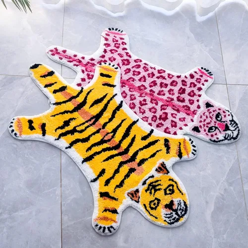 Miniatura 4 de Alfombra con estampado de leopardo, tapete de baño de leopardo rosa para baño, tapete de puerta de guepardo y tigre, antideslizante, tapete Rosa