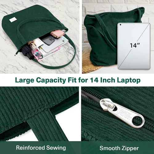 Miniatura 7 de KALIDI - Bolsa de pana para mujer, con cremallera, casual, de gran capacidad, con bolsillos