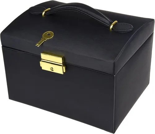 Miniatura 7 de Caja de joyas de piel Goldwheat con cerradura y espejo. Excelente regalo para mujeres., Cuero sintético, Negro, M