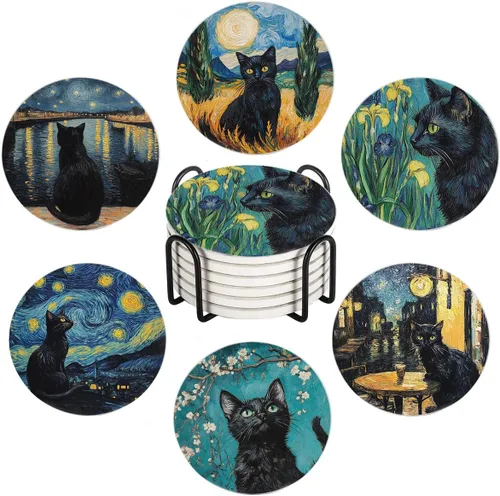 Miniatura 13 de Juego de 6 posavasos para bebidas, juego de posavasos absorbentes redondos de piedra cerámica con diseño de paisaje de acuarela de bosque de pinos