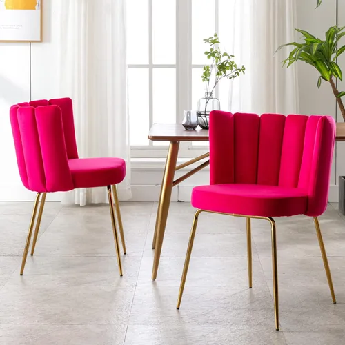 Miniatura 8 de Juego de 2 sillas de comedor de terciopelo, sillas decorativas modernas con respaldo de pétalos y patas de metal dorado, cómodas sillas laterales