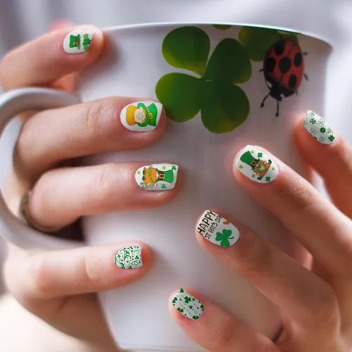 Miniatura 4 de Whaline Juego de 10 placas de estampado de arte de uñas del día de San Patricio, plantillas de sello de imagen de gnomo de trébol, trébol
