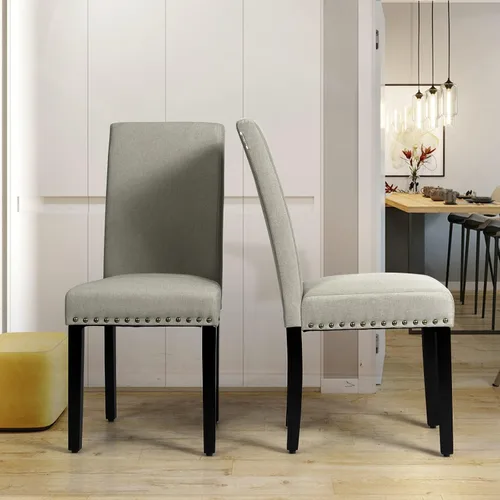 Miniatura 2 de Juego de 2 sillas de comedor tapizadas, sillas Parsons de tela con patas de madera maciza, ribete de cabeza de clavo, asiento acolchado, sillas
