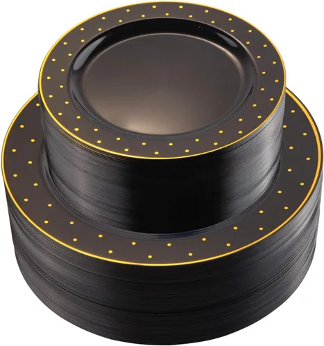 I00000 - Paquete de 102 unidades, platos de plástico de color negro y dorado, 51 platos llanos de 10.25 pulgadas y 51 platos de postre de 7.5