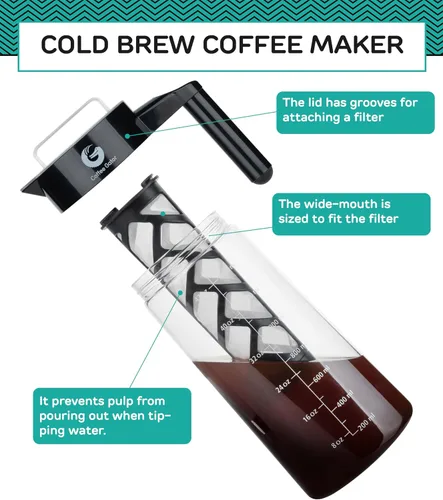 Miniatura 11 de Coffee Gator Cafetera de café frío de 47 onzas, cafetera helada y jarra con jarra de vidrio de borosilicato, filtro, color negro