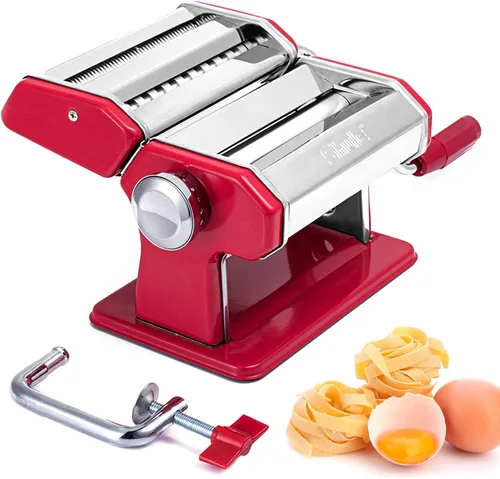 Máquina para hacer pasta Shule de acero inoxidable con rodillo y cortador ajustables para tagliatelle, linguine, lasaña y fideos, color rojo clásico