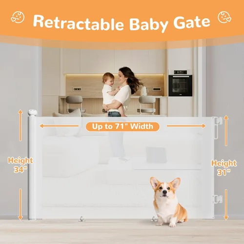 Miniatura 2 de Puerta retráctil para bebés para escaleras y puertas, 34 pulgadas de alto que se extiende hasta 71 pulgadas de ancho, puerta de malla para bebés